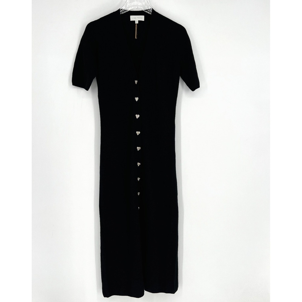 Lisa Todd Cashmere Dress Womens XS Heart Button‎ Knit Black Sweater Cozy Classic